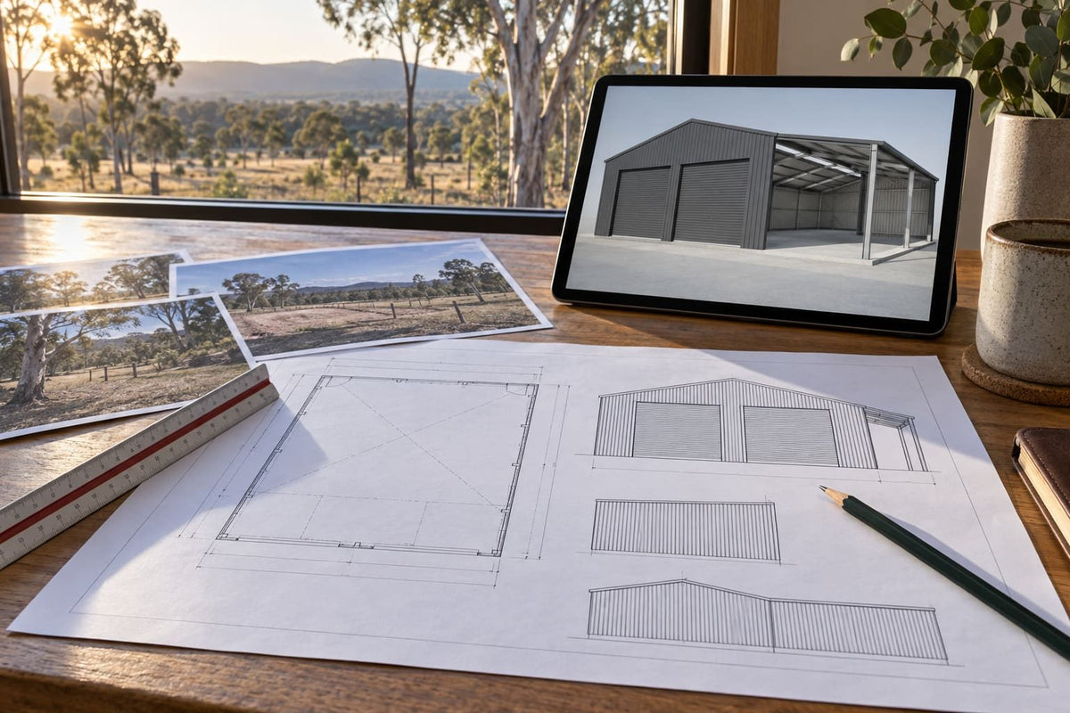Shed plans and 3D design on a tablet