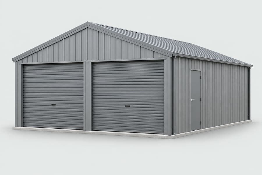 Double-door steel garage, studio view (example image; your design can differ)