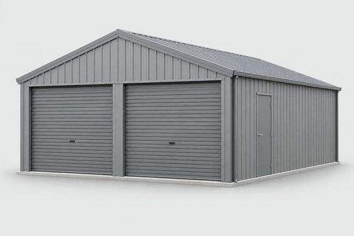Double-door steel garage, studio view (example image; your design can differ)