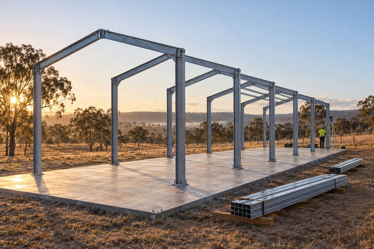 Steel portal frames being erected on a concrete slab