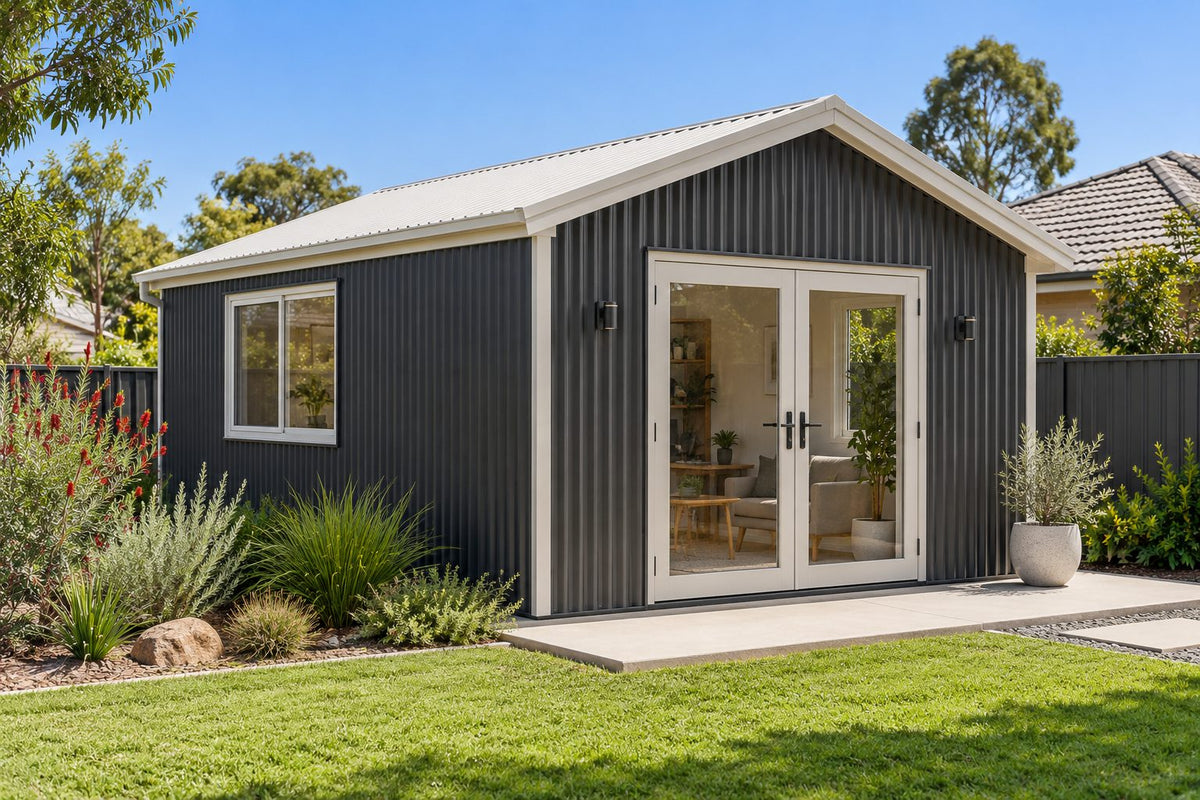 Gable Tiny Home Kit – 20 m² 4m x 5m x 2.6m – tiny home kit by Wise Sheds (example image; your design can differ)