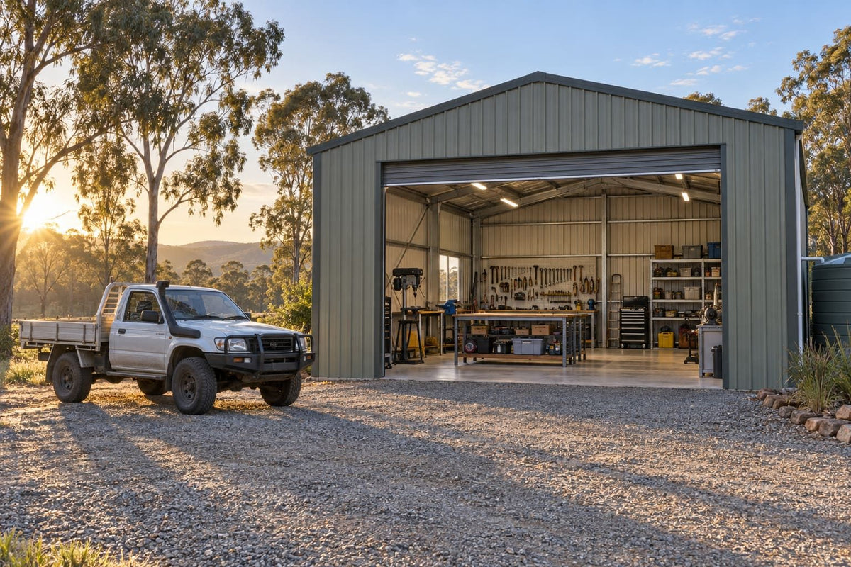 Steel workshop with the roller door open (example image; your design can differ)