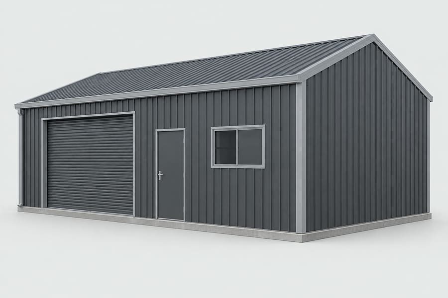 Steel workshop with roller door, access door and window (example image; your design can differ)