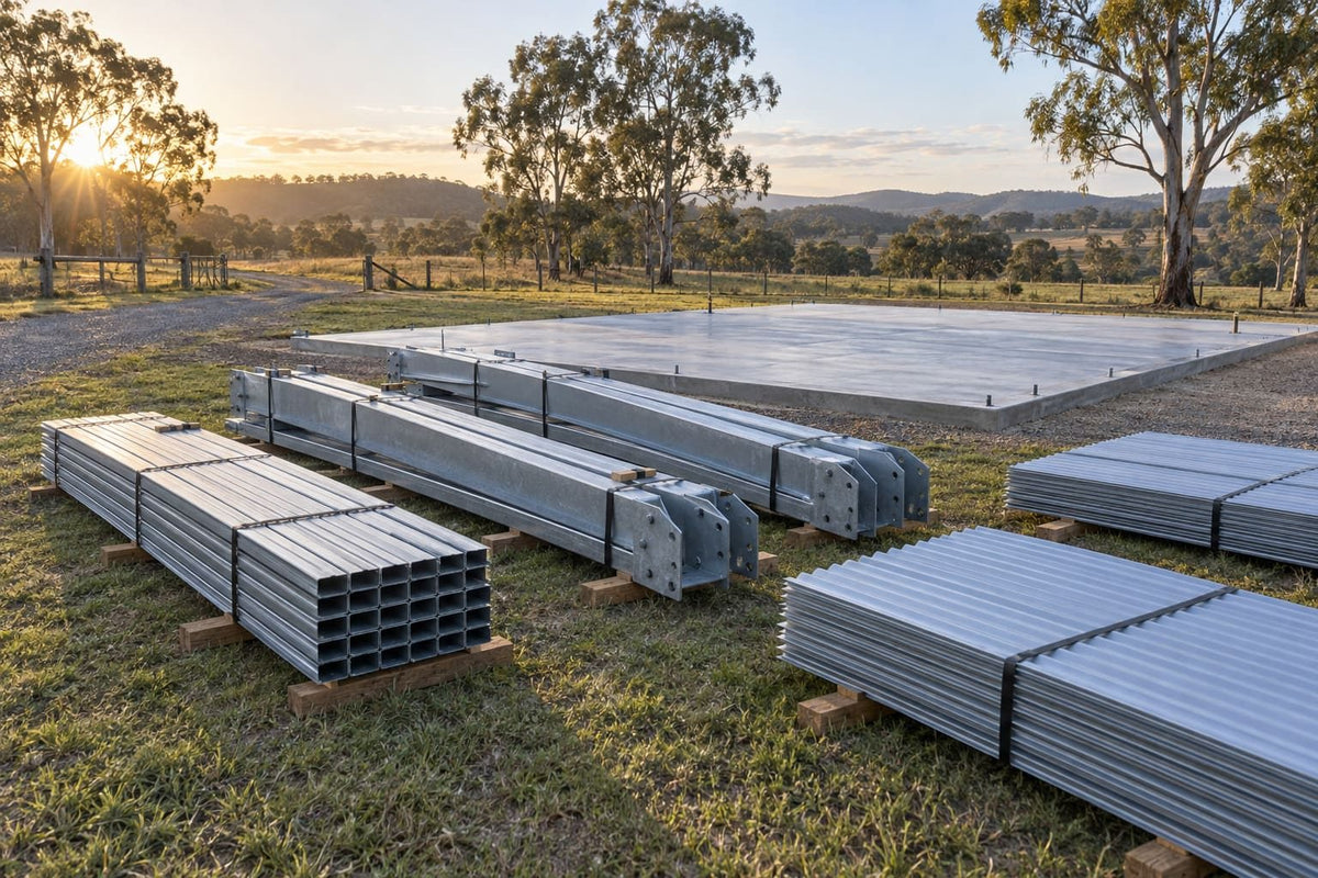 Steel shed kit components delivered to site