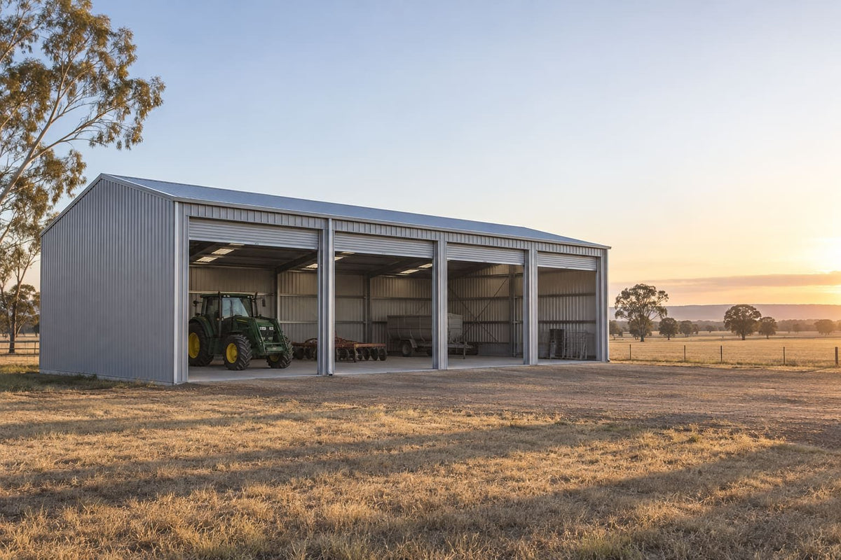 Open-front machinery shed with a tractor (example image; your design can differ)