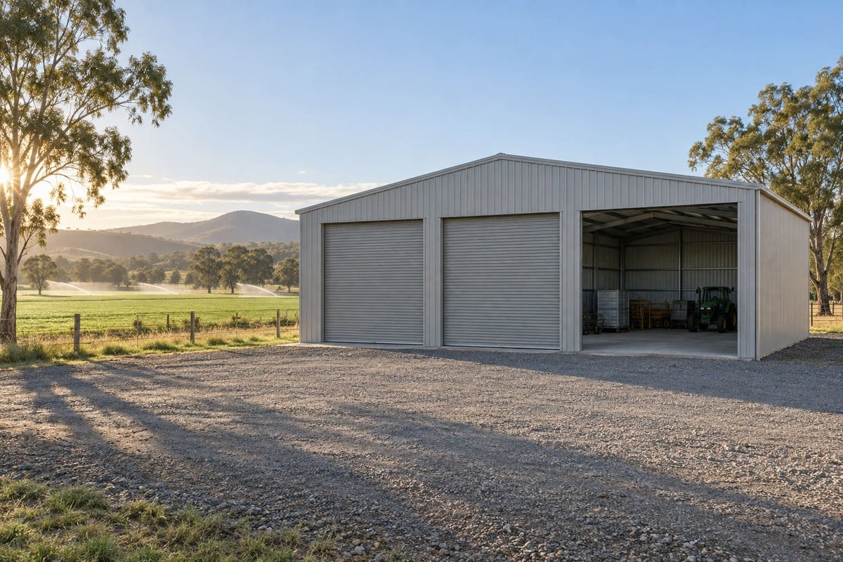 Farm shed with roller doors and an open bay (example image; your design can differ)