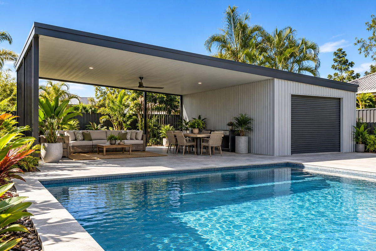 Pool House Shed – steel home kit by Wise Sheds (example image; your design can differ)