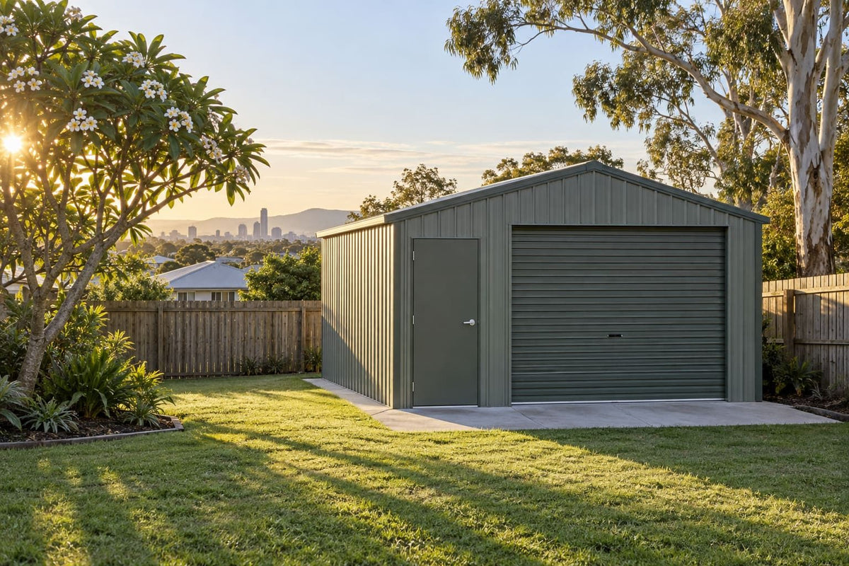 Single-door steel shed in a backyard (example image; your design can differ)