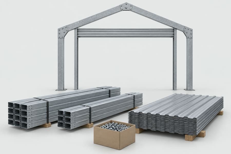 Steel shed kit components: frame, purlins and cladding (example image; your design can differ)
