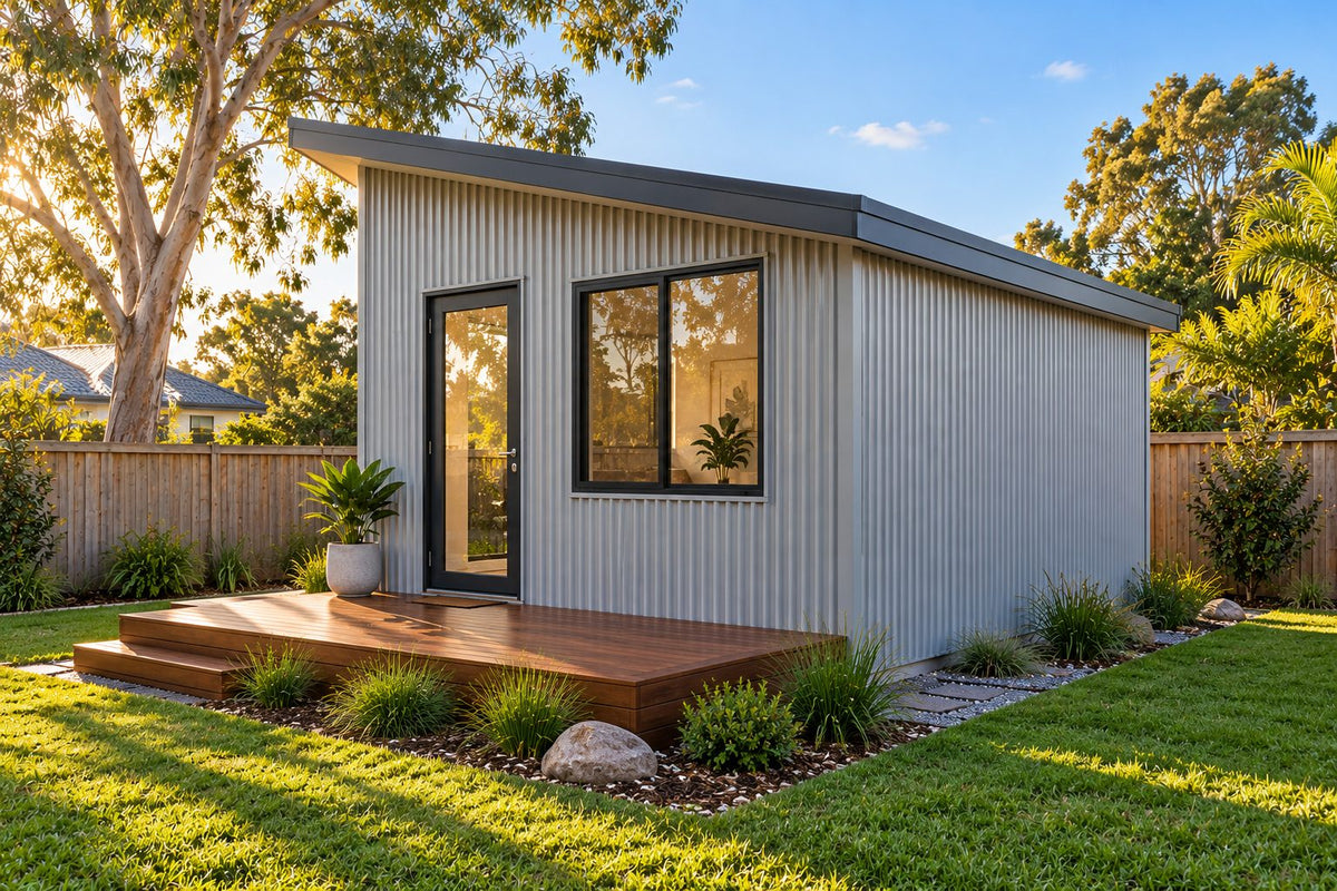 Concept image of the Skillion Tiny Home Kit – 10 m², alternative view (example image; your design can differ)