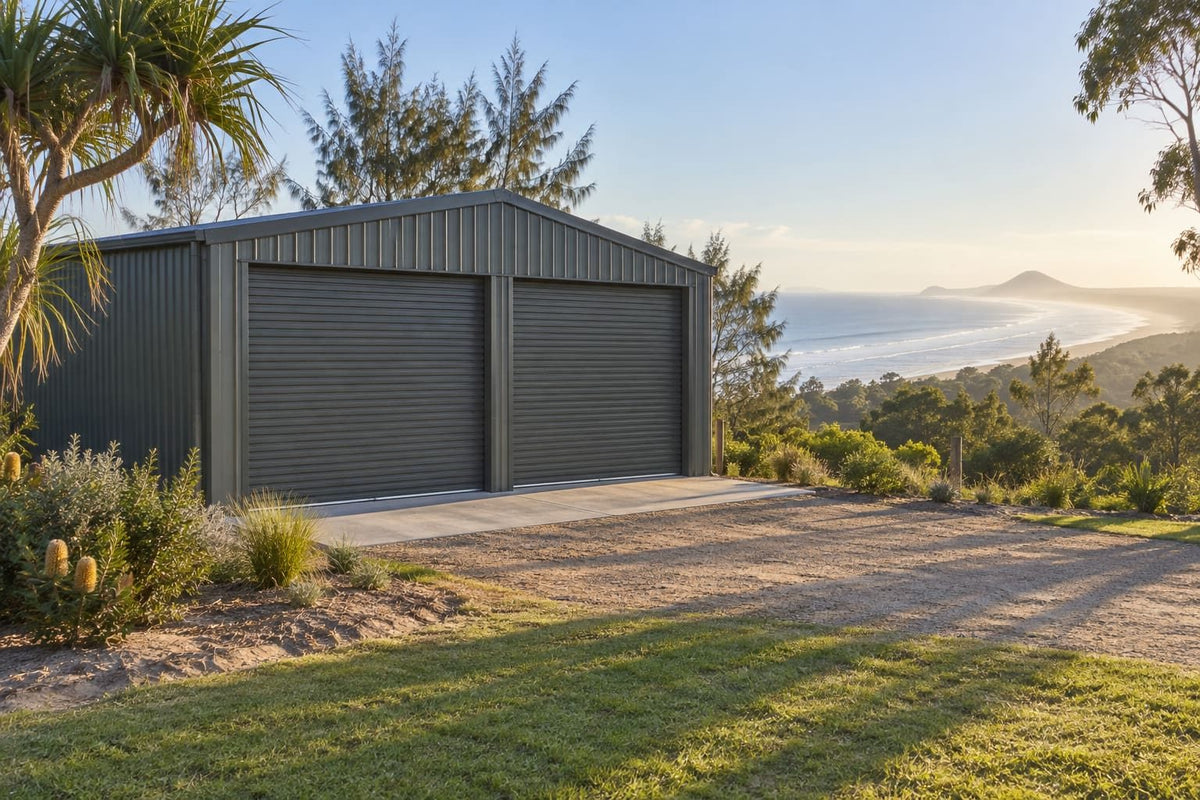 Two-door steel garage on a coastal block (example image; your design can differ)
